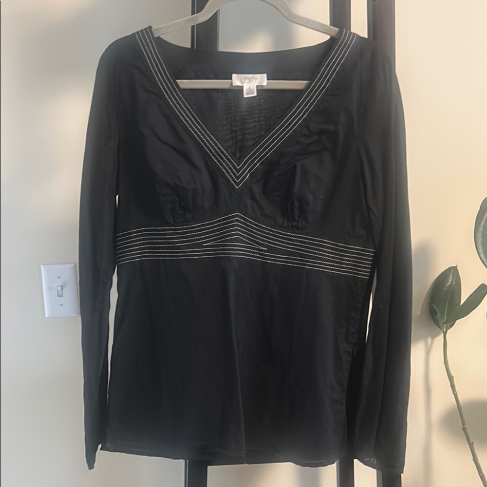 67.  LOFT Black Blouse with Fitted V-Neck and Long Sleeves